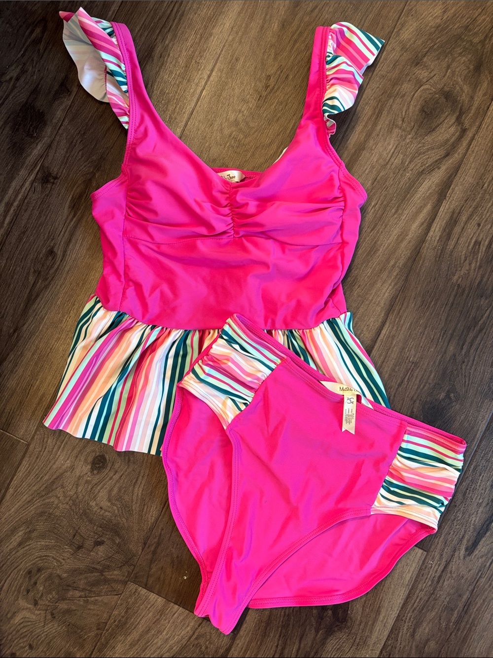 Matilda Jane Pink Striped Ruffle Tankini Swimsuit Set Women's Size Small EUC